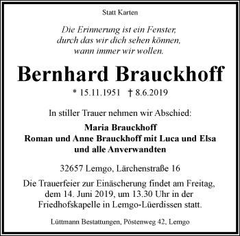 Anzeige  Bernhard Brauckhoff  Lippische Landes-Zeitung