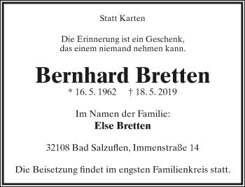 Anzeige  Bernhard Bretten  Lippische Landes-Zeitung