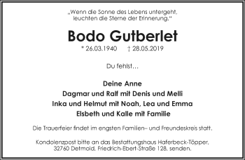 Anzeige  Bodo Gutberlet  Lippische Landes-Zeitung