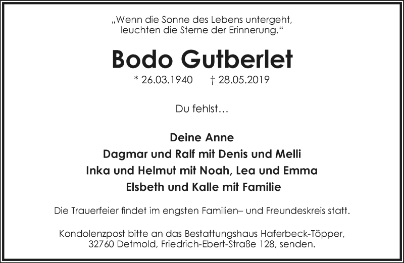  Traueranzeige für Bodo Gutberlet vom 01.06.2019 aus Lippische Landes-Zeitung