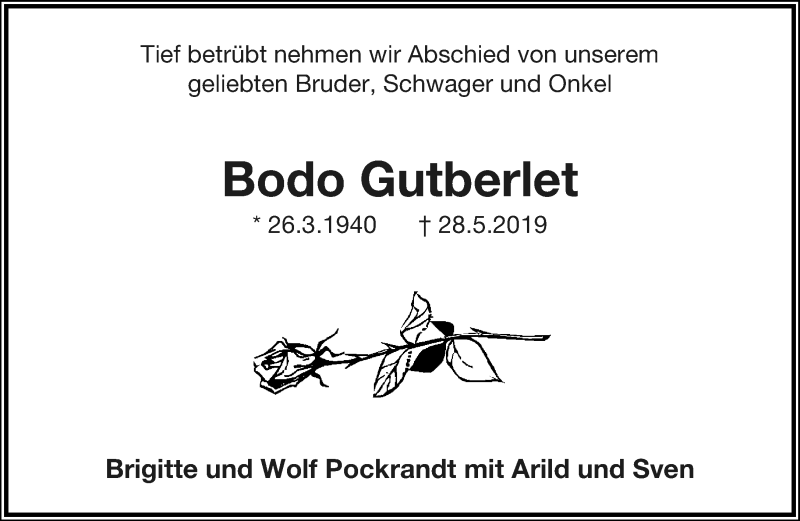  Traueranzeige für Bodo Gutberlet vom 01.06.2019 aus Lippische Landes-Zeitung