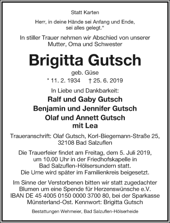 Anzeige  Brigitta Gutsch  Lippische Landes-Zeitung