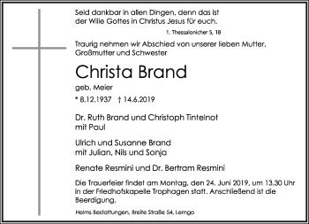 Anzeige  Christa Brand  Lippische Landes-Zeitung