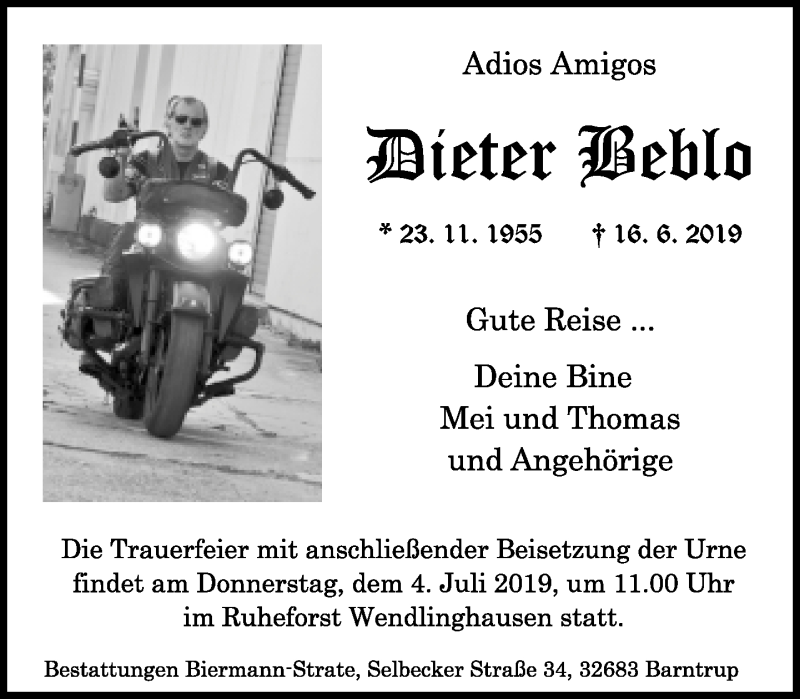  Traueranzeige für Dieter Beblo vom 22.06.2019 aus Lippische Landes-Zeitung