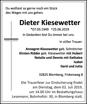 Anzeige  Dieter Kiesewetter  Lippische Landes-Zeitung