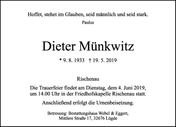 Anzeige  Dieter Münkwitz  Lippische Landes-Zeitung