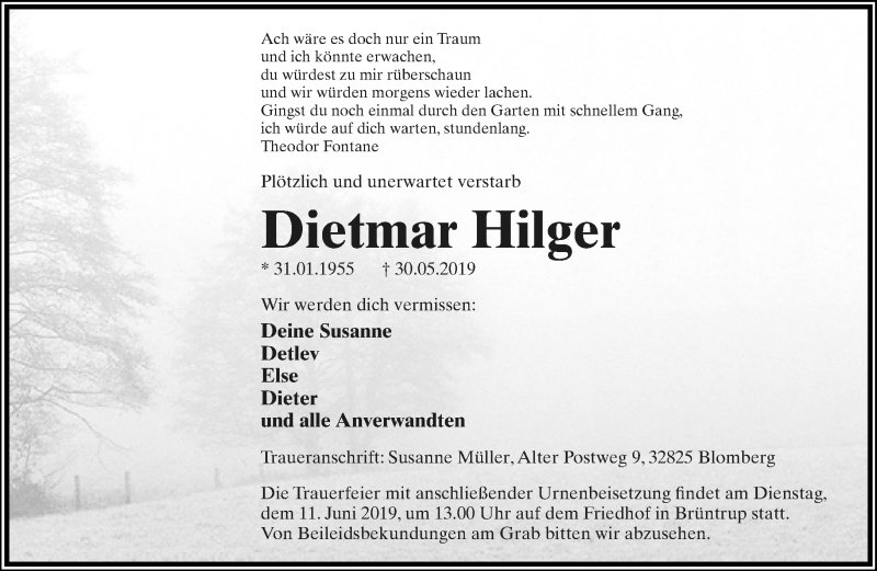  Traueranzeige für Dietmar Hilger vom 08.06.2019 aus Lippische Landes-Zeitung