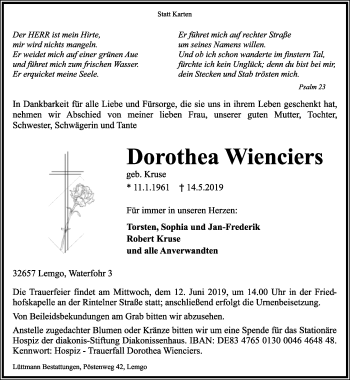 Anzeige  Dorothea Wienciers  Lippische Landes-Zeitung
