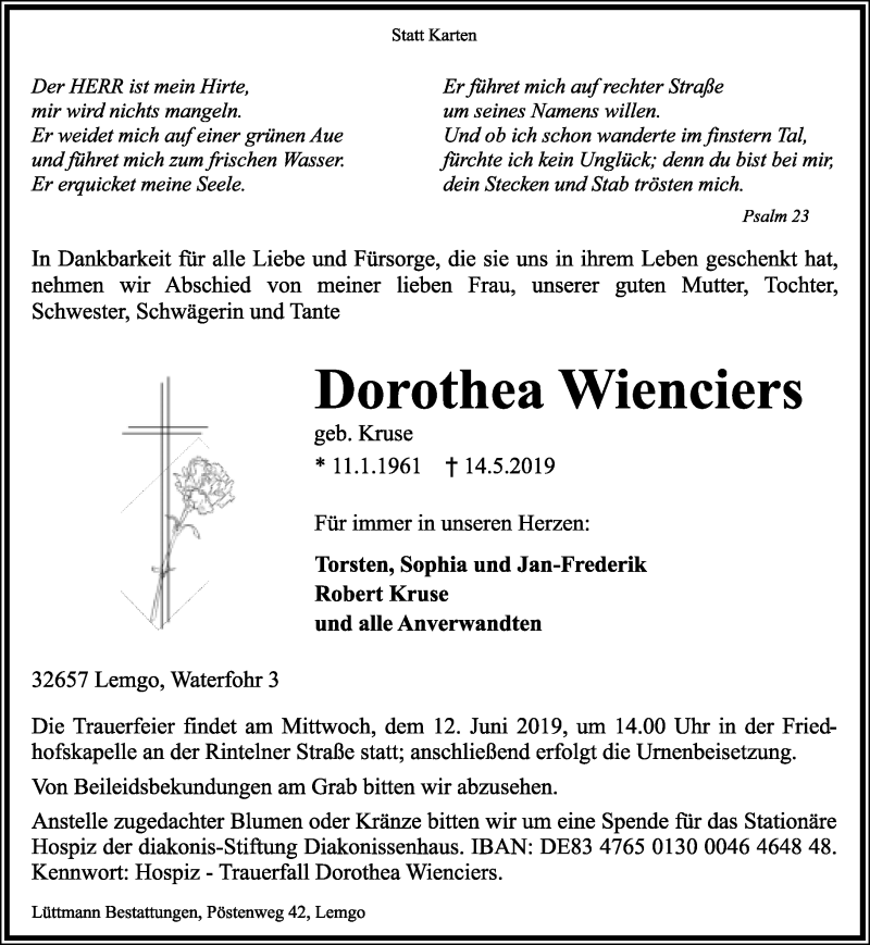  Traueranzeige für Dorothea Wienciers vom 01.06.2019 aus Lippische Landes-Zeitung