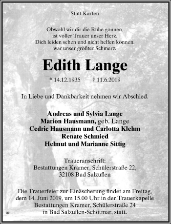 Anzeige  Edith Lange  Lippische Landes-Zeitung