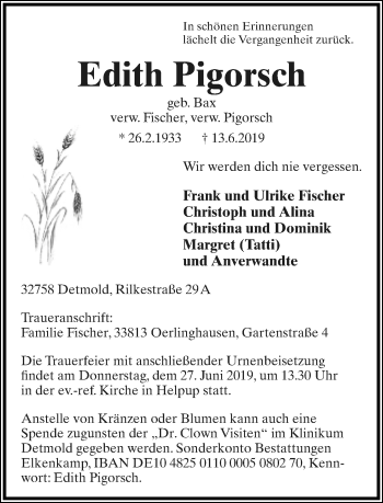 Anzeige  Edith Pigorsch  Lippische Landes-Zeitung