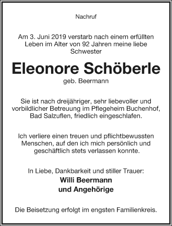 Anzeige  Eleonore Schöberle  Lippische Landes-Zeitung