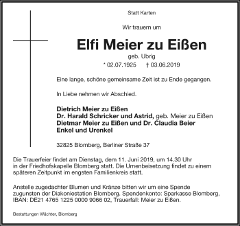 Anzeige  Elfi Meier zu Eißen  Lippische Landes-Zeitung