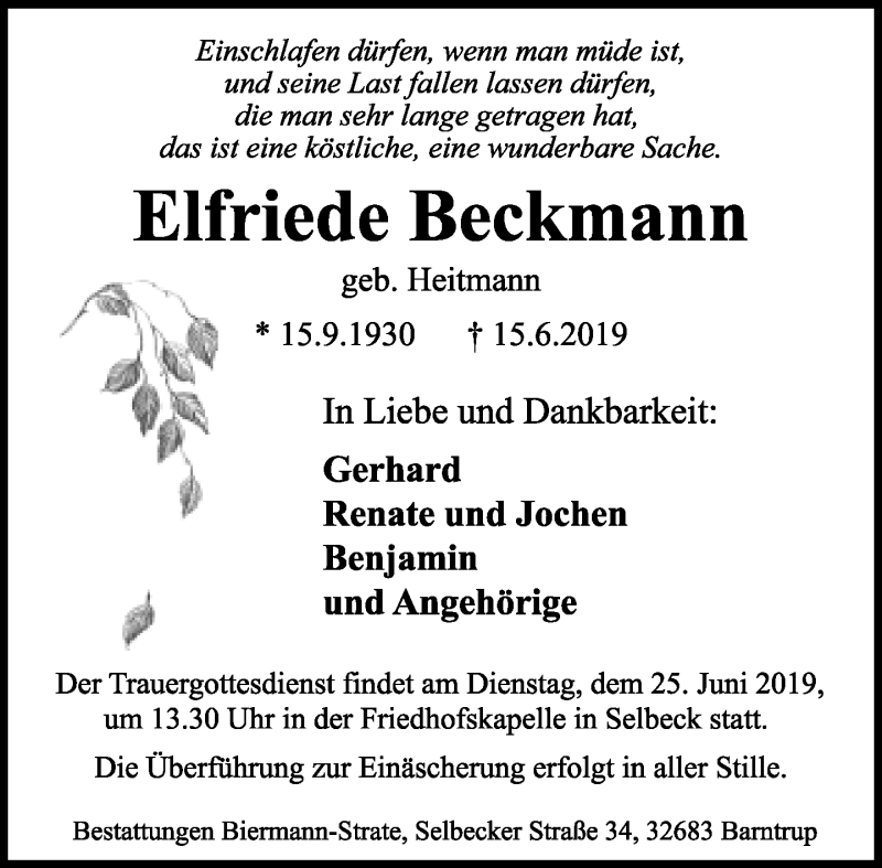 Traueranzeige für Elfriede Beckmann vom 19.06.2019 aus Lippische Landes-Zeitung
