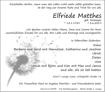 Anzeige  Elfriede Matthes  Lippische Landes-Zeitung