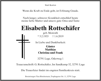 Anzeige  Elisabeth Rottschäfer  Lippische Landes-Zeitung