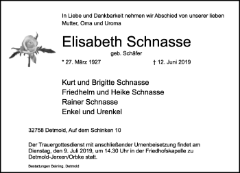 Anzeige  Elisabeth Schnasse  Lippische Landes-Zeitung
