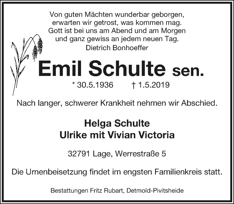  Traueranzeige für Emil Schulte vom 08.06.2019 aus Lippische Landes-Zeitung