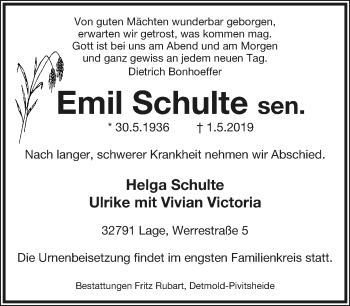 Anzeige  Emil Schulte  Lippische Landes-Zeitung