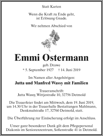 Anzeige  Emmi Ostermann  Lippische Landes-Zeitung
