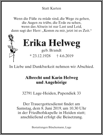 Anzeige  Erika Helweg  Lippische Landes-Zeitung