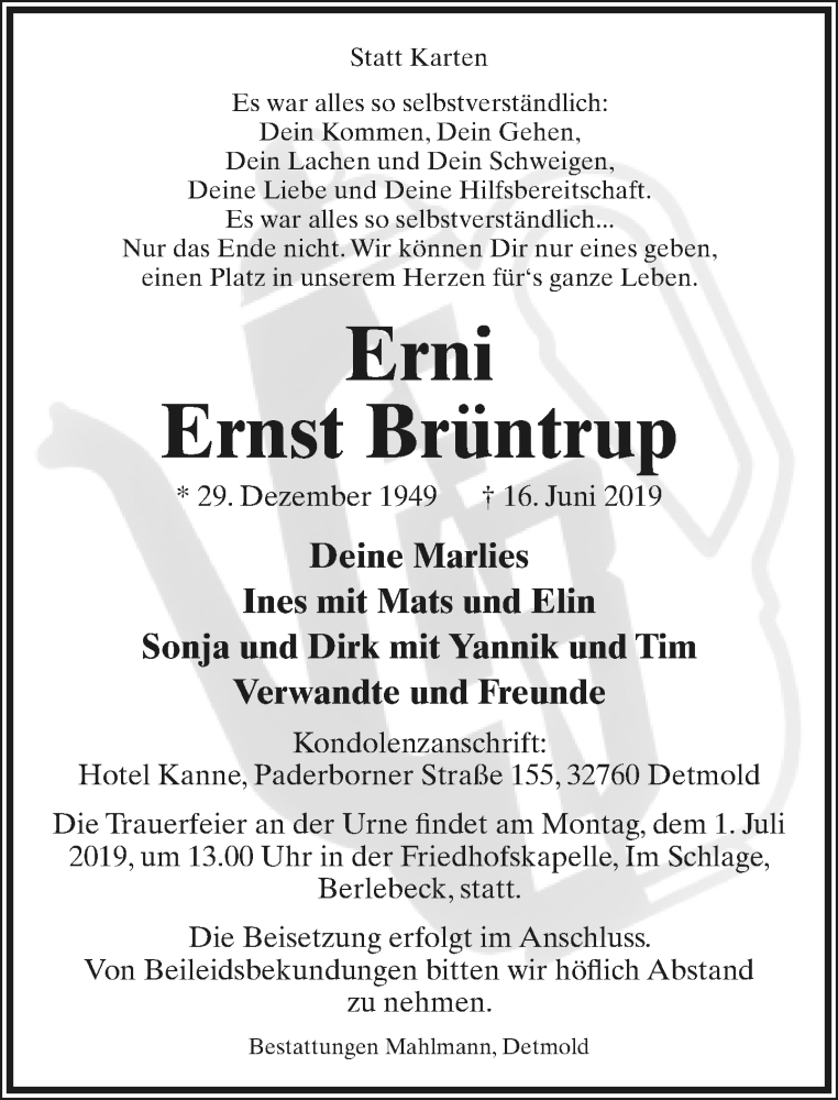  Traueranzeige für Ernst Brüntrup vom 22.06.2019 aus Lippische Landes-Zeitung