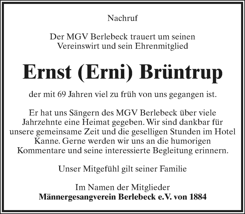 Traueranzeige für Ernst Brüntrup vom 22.06.2019 aus Lippische Landes-Zeitung