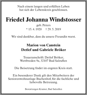 Anzeige  Friedel Johanna Windstosser  Lippische Landes-Zeitung