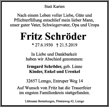 Anzeige  Fritz Schröder  Lippische Landes-Zeitung