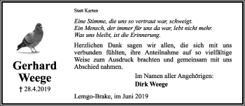Anzeige  Gerhard Weege  Lippische Landes-Zeitung