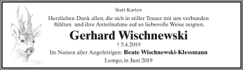 Anzeige  Gerhard Wischnewski  Lippische Landes-Zeitung