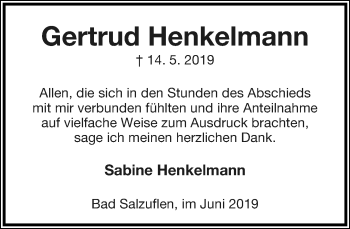 Anzeige  Gertrud Henkelmann  Lippische Landes-Zeitung