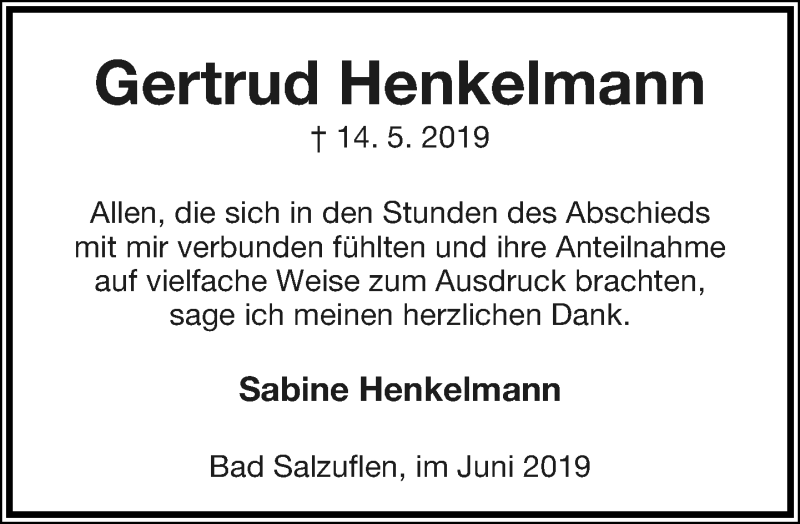  Traueranzeige für Gertrud Henkelmann vom 15.06.2019 aus Lippische Landes-Zeitung