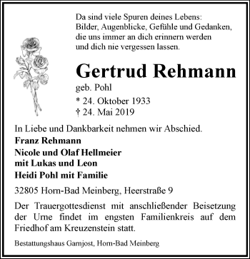 Anzeige  Gertrud Rehmann  Lippische Landes-Zeitung