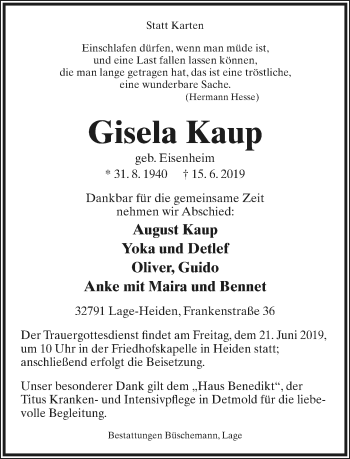 Anzeige  Gisela Kaup  Lippische Landes-Zeitung