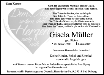 Anzeige  Gisela Müller  Lippische Landes-Zeitung