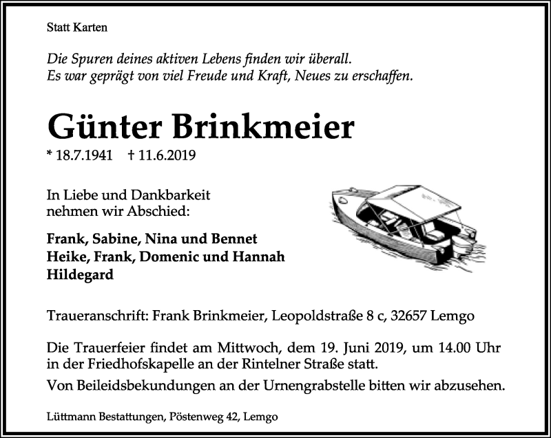  Traueranzeige für Günter Brinkmeier vom 15.06.2019 aus Lippische Landes-Zeitung
