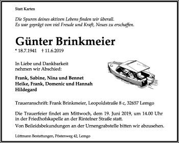 Anzeige  Günter Brinkmeier  Lippische Landes-Zeitung