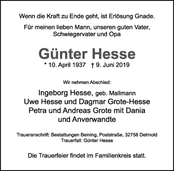 Anzeige  Günter Hesse  Lippische Landes-Zeitung