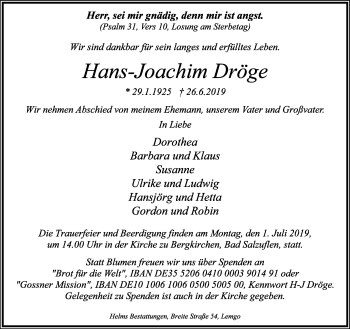 Anzeige  Hans-Joachim Dröge  Lippische Landes-Zeitung