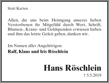Anzeige  Hans Röschlein  Lippische Landes-Zeitung