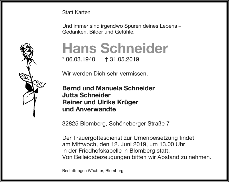  Traueranzeige für Hans Schneider vom 08.06.2019 aus Lippische Landes-Zeitung