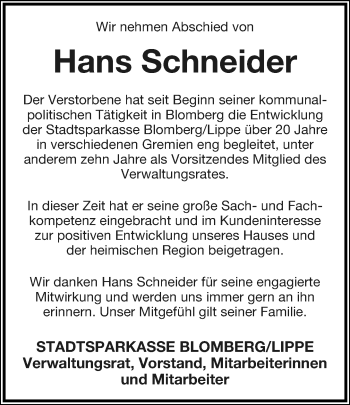 Anzeige  Hans Schneider  Lippische Landes-Zeitung