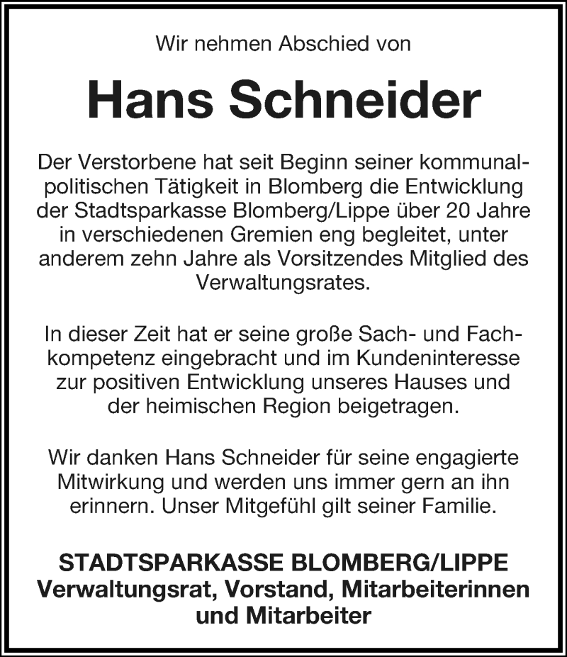  Traueranzeige für Hans Schneider vom 12.06.2019 aus Lippische Landes-Zeitung