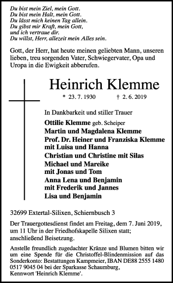 Anzeige  Heinrich Klemme  Lippische Landes-Zeitung