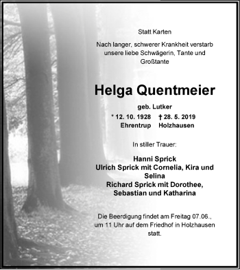 Anzeige  Helga Quentmeier  Lippische Landes-Zeitung