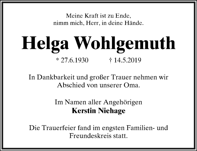  Traueranzeige für Helga Wohlgemuth vom 08.06.2019 aus Lippische Landes-Zeitung