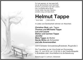 Anzeige  Helmut Tappe  Lippische Landes-Zeitung