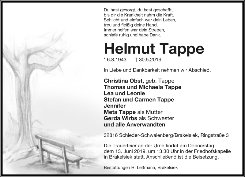  Traueranzeige für Helmut Tappe vom 08.06.2019 aus Lippische Landes-Zeitung