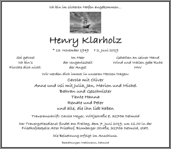 Anzeige  Henry Klarholz  Lippische Landes-Zeitung